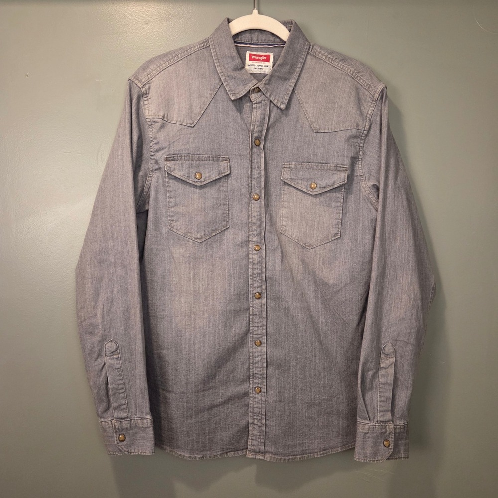 Wrangler Men's Size M Gray Long Sleeve Snap Button Up Shirt Workwear Western